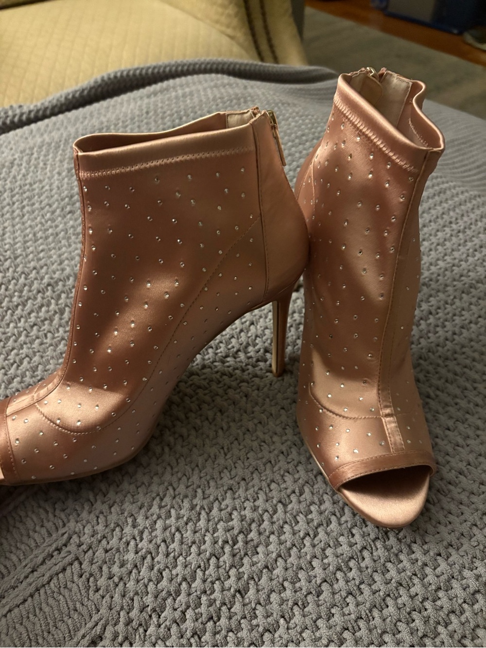 Badgley Mischka Rose Gold Studded Peep-Toe Stiletto Booties